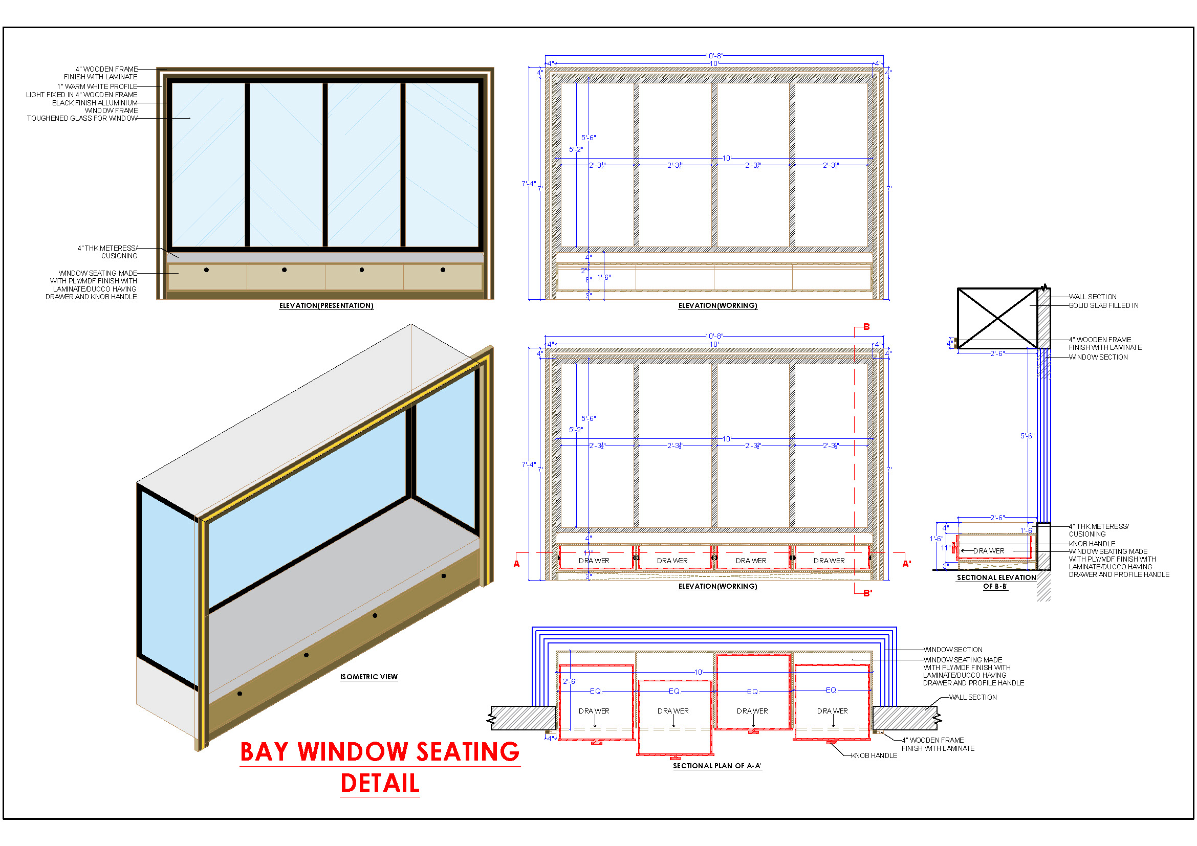 Detailed Bay Window Seat Bench Design in AutoCAD